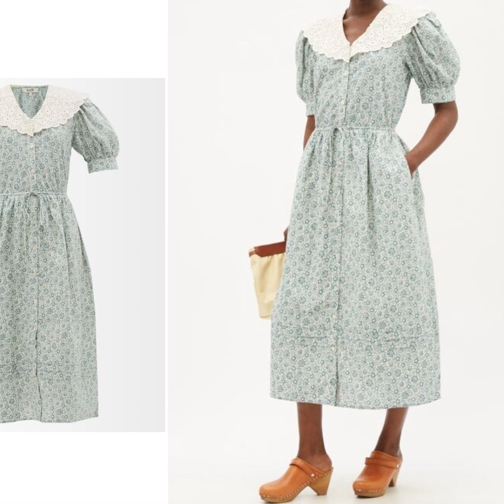 Sea Ida Exaggerated-collar Floral-print Cotton Dress - Green Multi